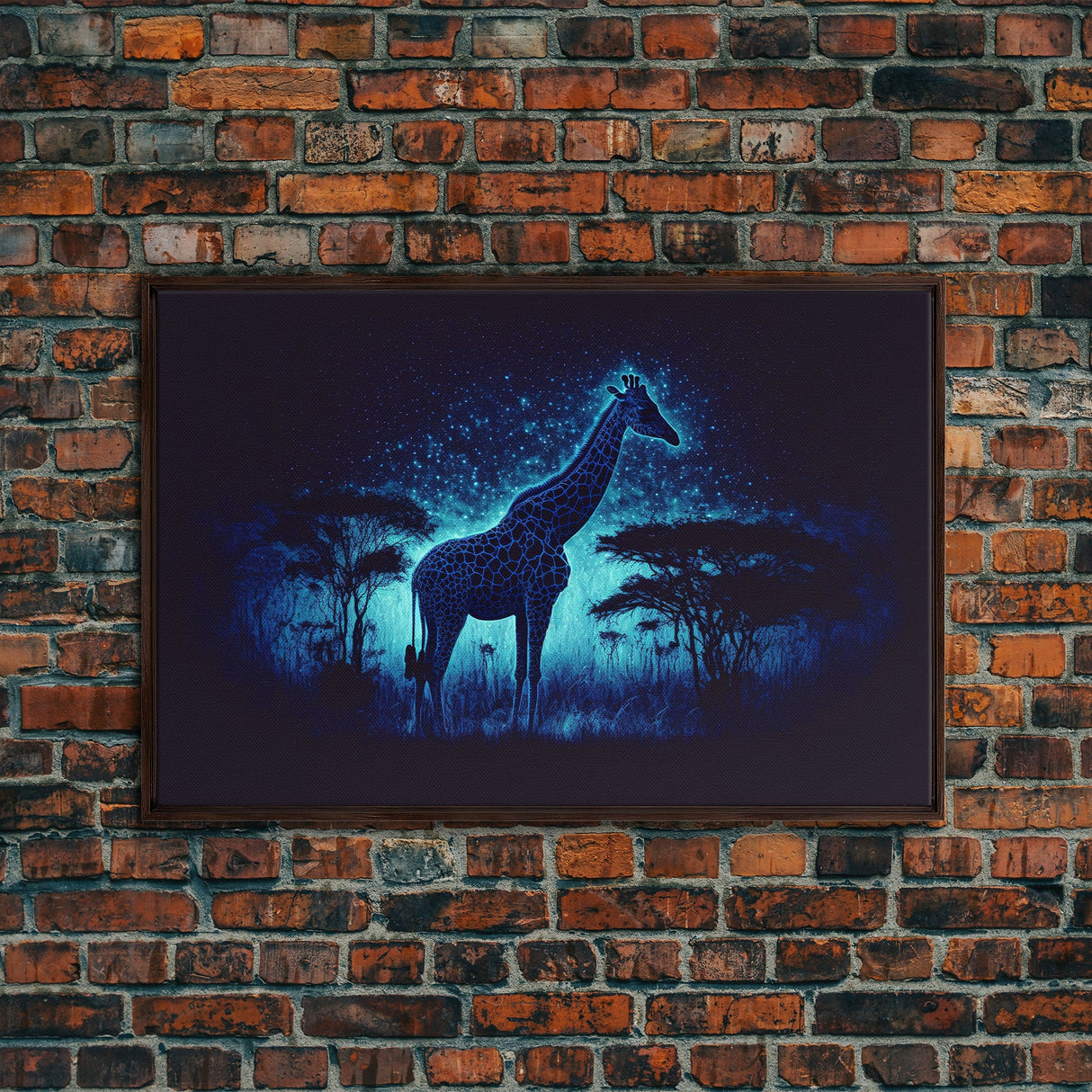 Surreal Giraffe Art, Wildlife Print, Animal Prints, framed canvas print, framed wall art, colorful turquoise night sky