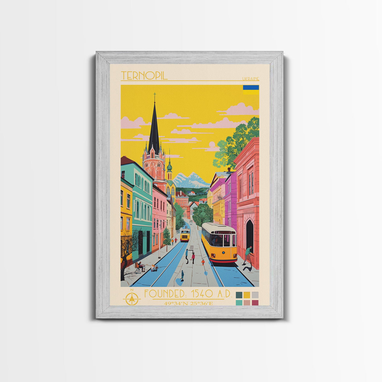 Ternopil Ukraine Travel Poster Framed Canvas Print, Midcentury Modern Art, Pop Art Wall Decor, Living Room Art, Scenic Wall Art